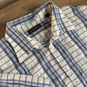 Island Soft Men's Large Blue White Plaid‎ Cotton Snort Sleeve Button Up Shirt